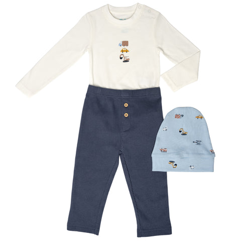 Conjunto de 3 piezas Kinder: Pantalón de Rib, Body manga larga y gorro diseño de carros, niño