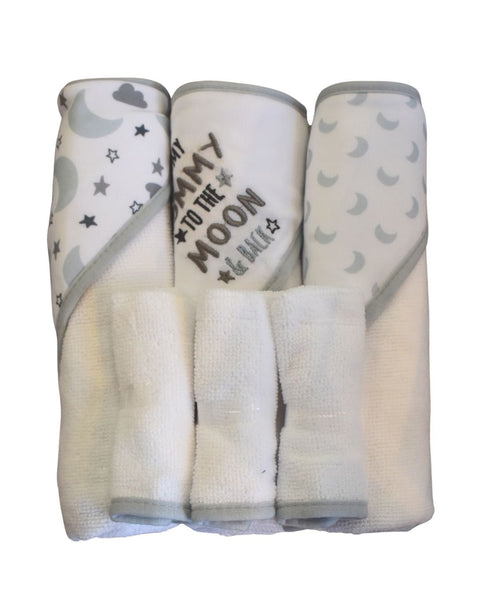 6PK Set de baño Baby Gear: 3 toallas con capucha y 3 paños para ducha de microfibra/interlock multicolor unisex - Kinder Guatemala - regalos de baño unisex