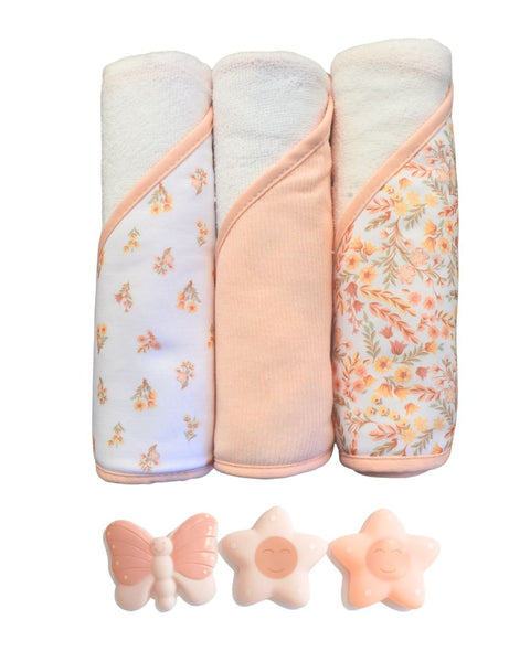 6PK Set de baño Chick Pea: 3 toallas y 3 juguetes de baño multicolor para niña - Kinder Guatemala - Regalos de baño niña