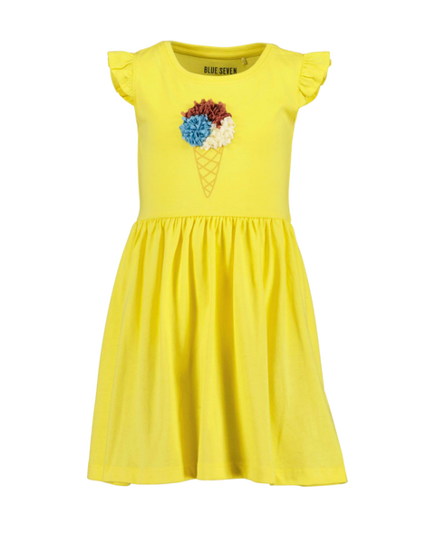 Vestido Blue Seven sin mangas y vuelitos en los hombros diseño de helado color amarillo para niña
