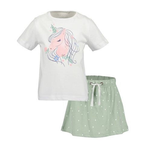 Conjunto Blue Seven short y blusa manga corta unicornio verde menta niña