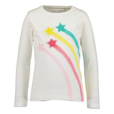 Blusa Blue Seven blanca manga larga con diseño de estrellas para niña.