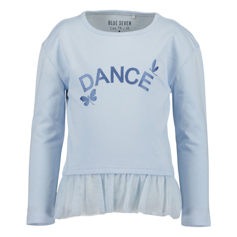 Blusa Blue Seven celeste manga larga con vuelitos en el ruedo y diseño metalizado Dance para niña.