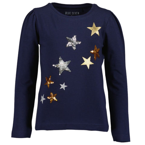 Blusa Blue Seven azul manga larga con diseño de estrellas multicolor para niña.