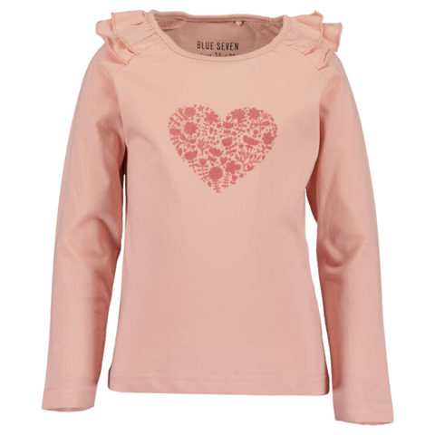 Blusa Blue Seven rosado manga larga con vuelitos en los hombros y estampado de corazón para niña.