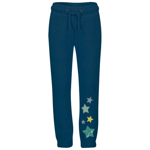 Pantalón Blue Seven de knit con cintura elastica y cinta azul diseño en pierna de estrellas para niña.