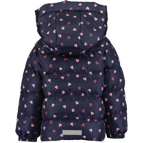 Chumpa Blue Seven acolchonada con zipper y capucha diseño de corazones color azul para niña