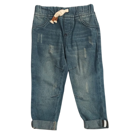 pantalón de lona People rasgado con pita en la cintura azul niño