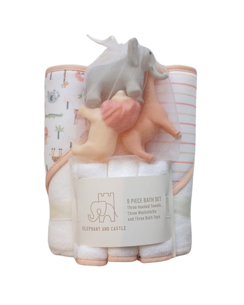 9PK Set de baño Elephant and Castle: 3toallas con capucha, 3 paños para ducha y 3 juguetes de baño multicolor para niña - Kinder Guatemala - Regalos de baño niña