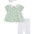 Conjunto Little Me de 3 piezas para niña: túnica de cuadros verdes con cerezas, cuello blanco con encaje, leggings blancos y banda para el cabello.
