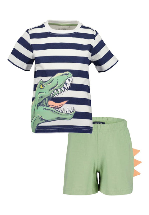 Pijama Blue Seven brilla en la oscuridad 2 piezas: t-shirt manga corta rayada y pantaloneta diseño de dinosaurio multicolor para niño