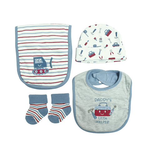 Set de Regalo welcome world 4 piezas: gorro, calcetines, babero y salivero diseño de herramientas celeste para niño.