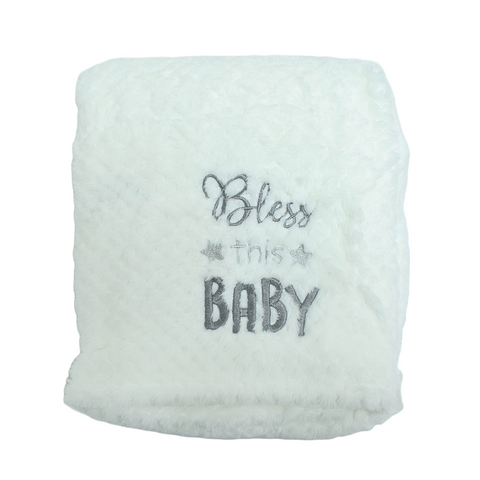 Frazada popcorn con aplicación de Bless this baby estampado blanco unisex