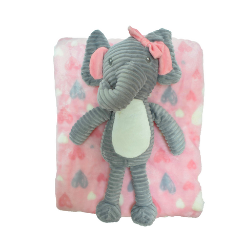 Set de Regalo Frazada de felpa y juguete de elefante rosado para niña.