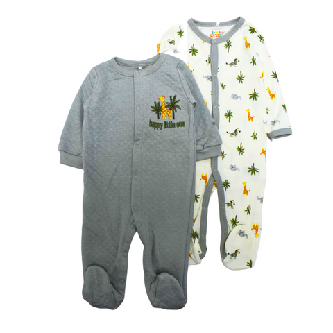 Conjunto 2 pijamas Baby Gear, una estampada de animales y una pijama con pies celeste para niño.