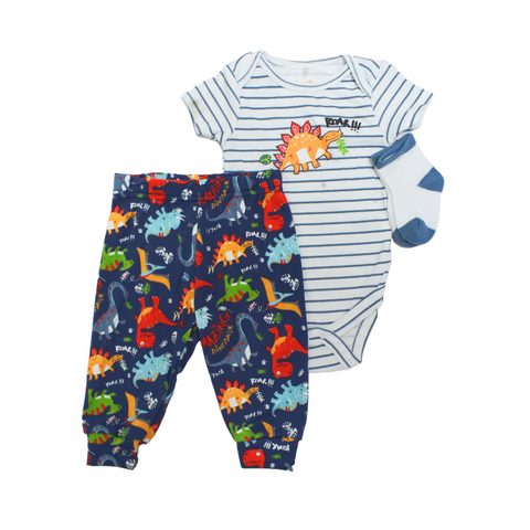 Conjunto 3 piezas Baby Gear, Body con rayas, calcetines y jogger estampado, para niño.