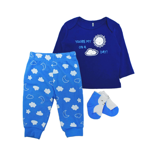 Conjunto 3 piezas Baby Gear, camisa manga larga azul, calcetines y pantalón estampado, para niño.