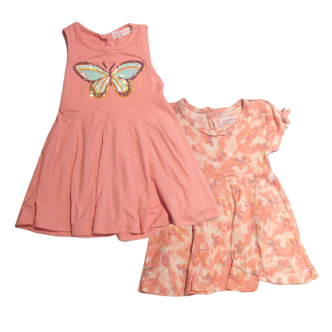 Conjunto Young Hearts 2 vestidos estampados short y accesorio cabello rosado niña