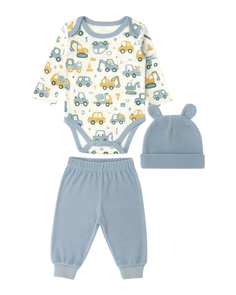 Conjunto 3 piezas Chick Pea jogger body manga larga y gorra estampado camiones celeste niño