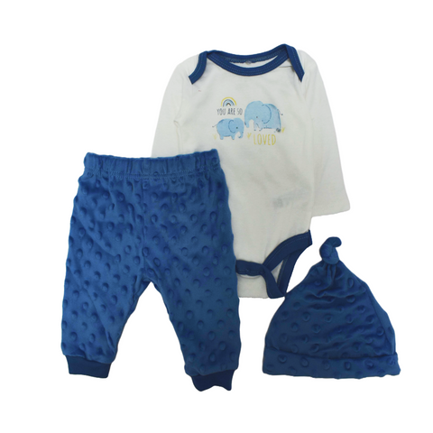 Conjunto 3 piezas Kyle&Deena, body manga larga diseño elefante, gorrito y jogger con puntos, azul para niño.