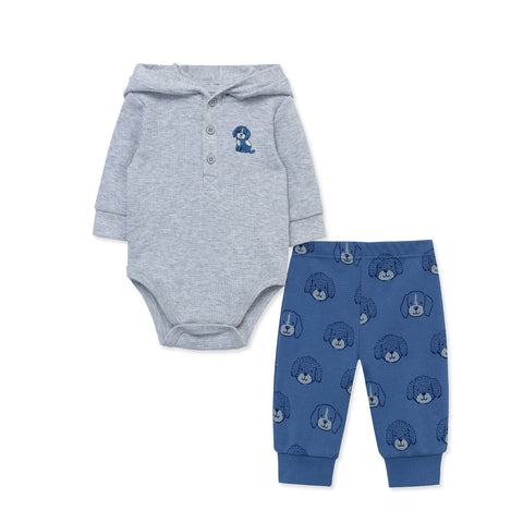 Conjunto Little Me 2 piezas body manga larga con capucha gris y pantalón con estampado de cachorros niño