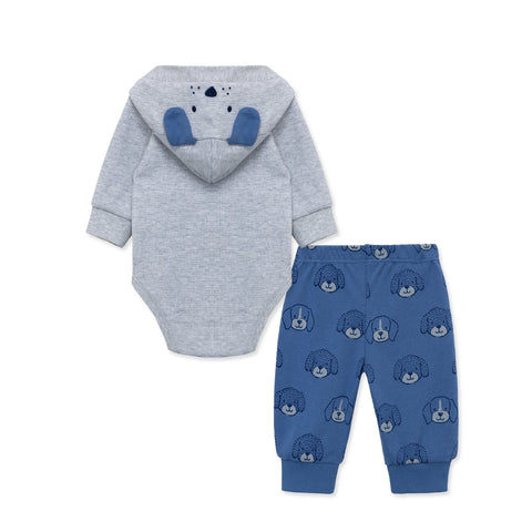 Conjunto Little Me 2 piezas body manga larga con capucha gris y pantalón con estampado de cachorros niño