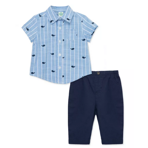 Conjunto Little Me pantalon y camisa manga corta estampado ballenas azul niño