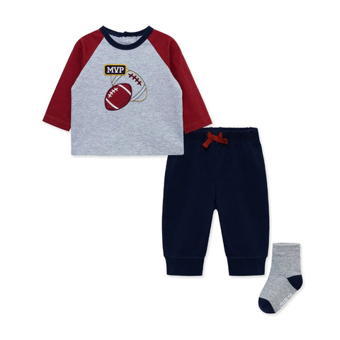 Conjunto Little Me 3 piezas camisa manga larga, pantalon y calcetines con diseño de fútbol para niño