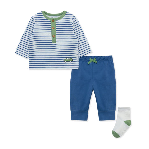 Conjunto Little Me 3 piezas camisa manga larga rayada, pantalón y calcetines con diseño de carrito para niño