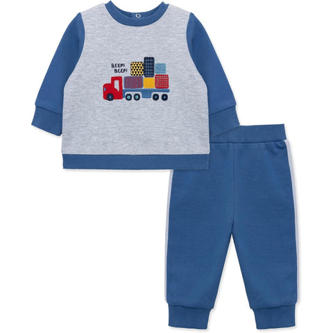 Conjunto Little Me 3 piezas camisa manga larga , pantalon y calcetines con diseño de camiones para niño