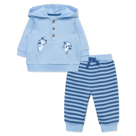 Conjunto Little Me 2 piezas sudadera con capucha y pantalón diseño de cachorros para niño