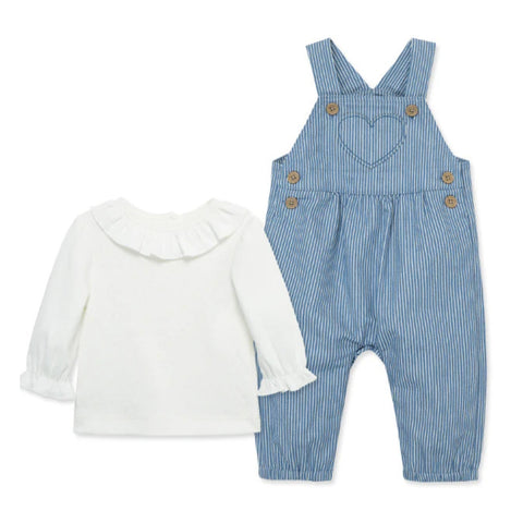 Conjunto Little Me 2 piezas blusa de manga larga con vuelitos en el cuello blanca y overol con corazon al frente celeste para niña