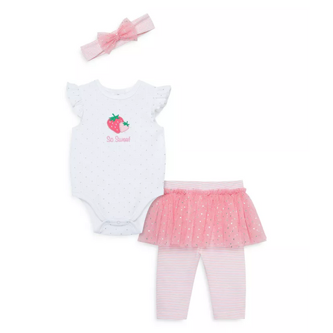 Conjunto Little Me leggins con tutu body manga corta con vuelos y accesorio cabello rosado niña