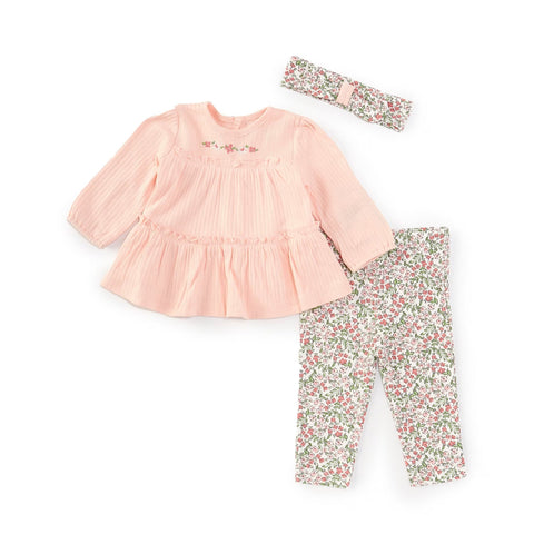 Conjunto Little Me 3 piezas blusa manga larga diseño floral, pantalon y accesorio para el cabello floreado para niña