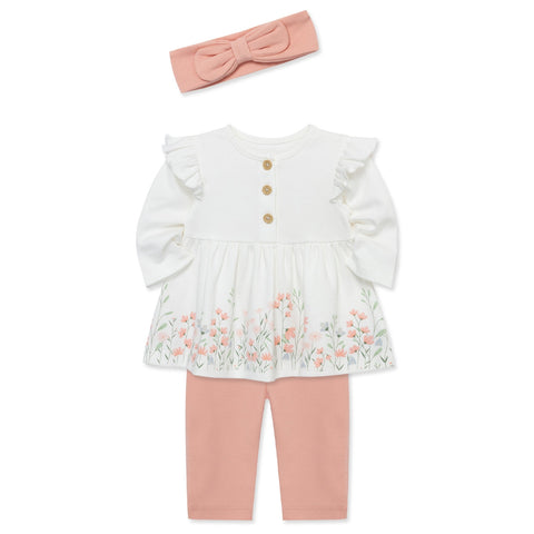 Conjunto Little Me 3 piezas blusa manga larga con estampado de flores, pantalon  y accesorio para el cabello rosado para niña