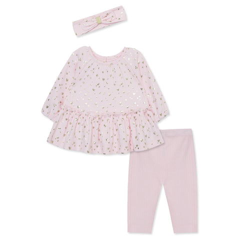 Conjunto Little Me 3 piezas blusa manga larga con estampado de corazones brillantes, pantalon  y accesorio para el cabello rosado para niña