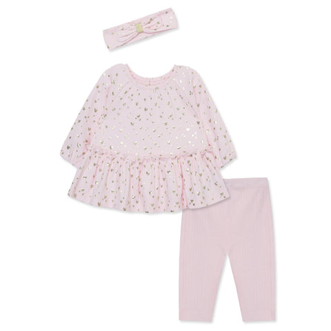 Conjunto Little Me 3 piezas blusa manga larga con estampado de corazones brillantes, pantalon  y accesorio para el cabello rosado para niña