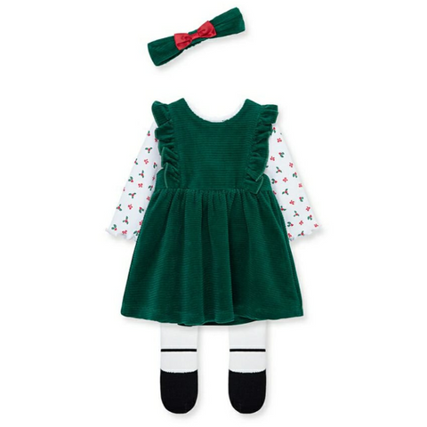 Conjunto Little Me jumper body manga larga tights y accesorio cabello verde