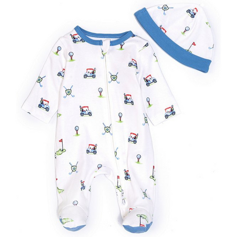 Conjunto Little Me pijama con pies, zipper delantero y gorrita estampado y diseño de Club de Golf niño