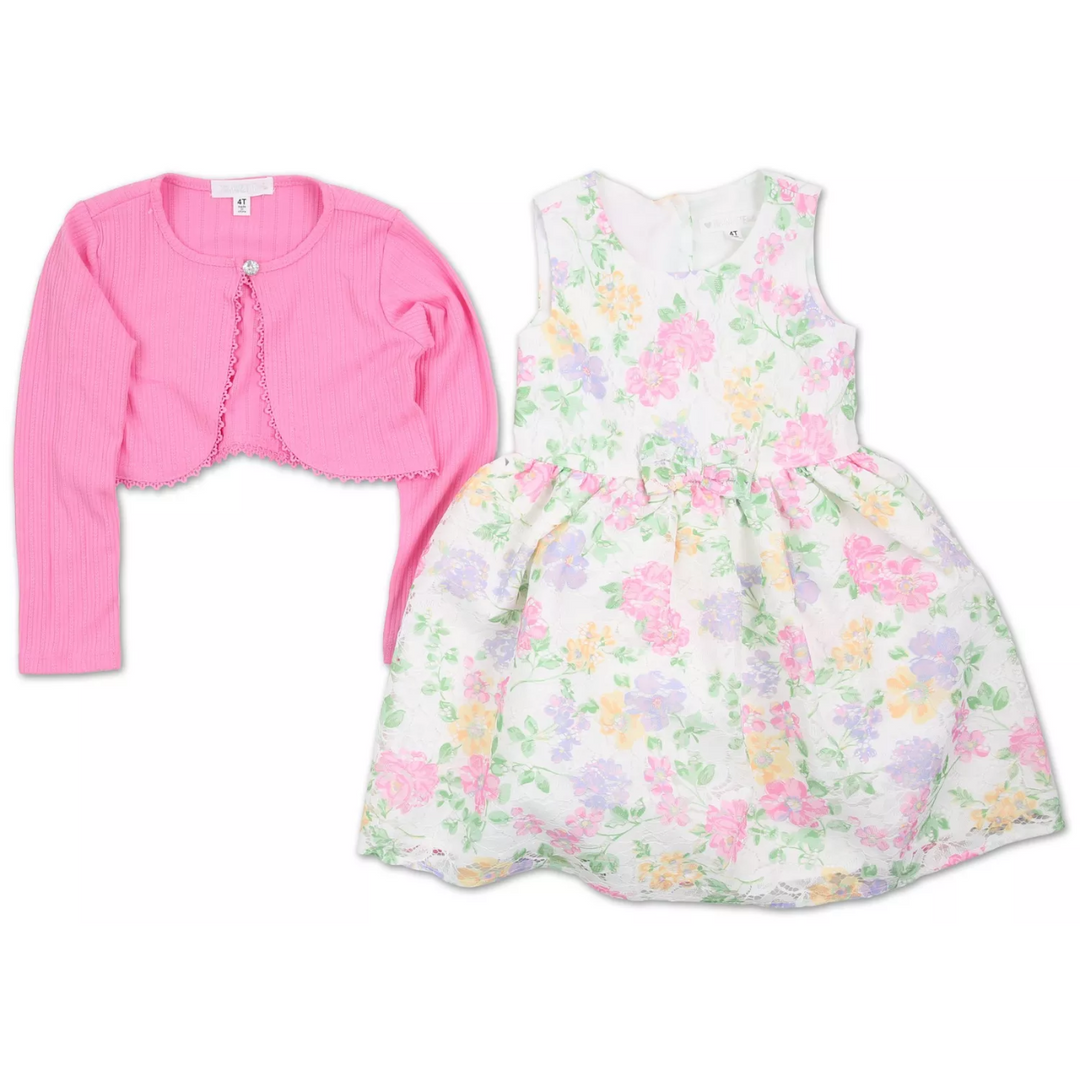 Conjunto vestido estampado floral y sueter rosado niña