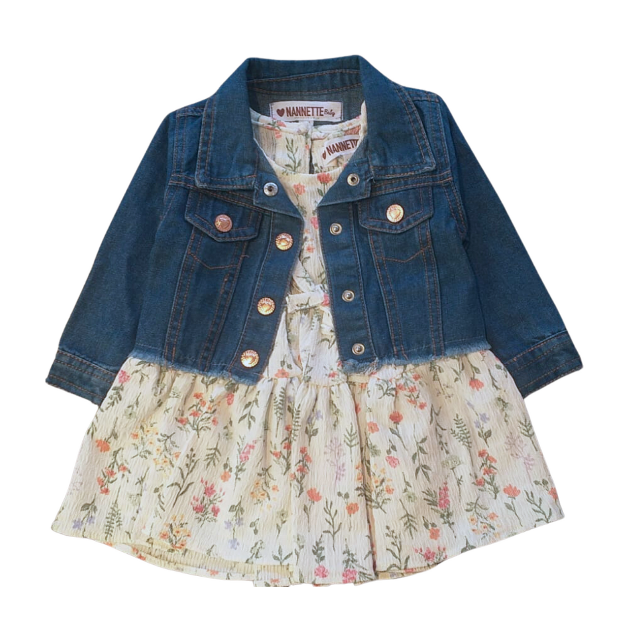 Conjunto 3 piezas vestido sin manga chumpa y calzoncito floral