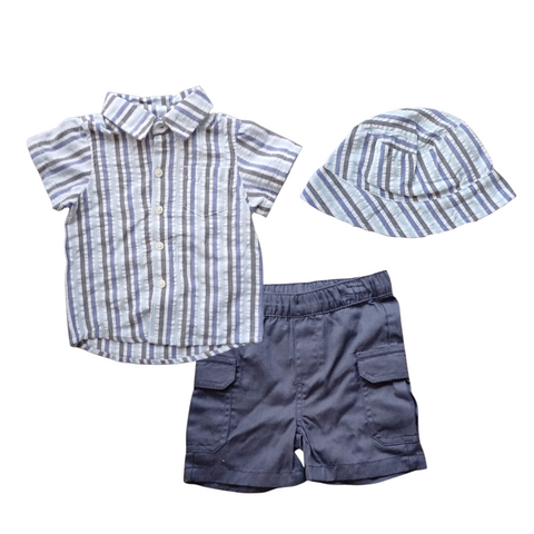 Conjunto 3 piezas Baby Rebels short camisa y sombrero a rayas azul niño