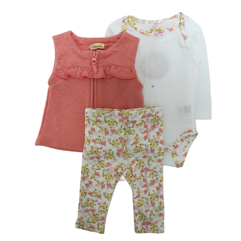 Conjunto 3 piezas Floral Threads, body manga larga, pantalón estampado y chaleco con vuelo rosado para niña.