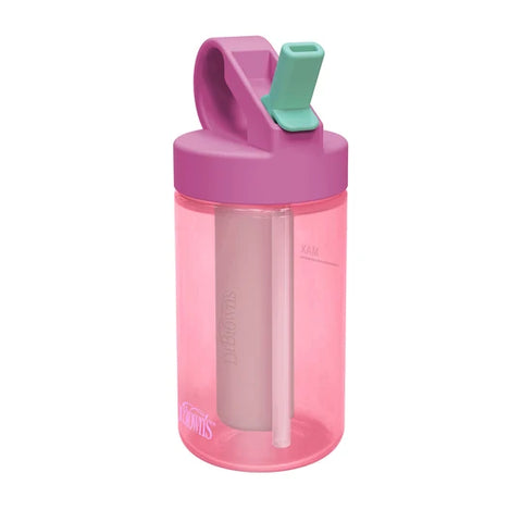 Pachón deportivo Dr. Brown's rosado vista angular con tapa fucsia, boquilla verde y barra