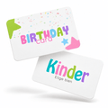 Tarjeta de Regalo Birthday Card flotando, diseño festivo con confeti y estrellas de colores, frente