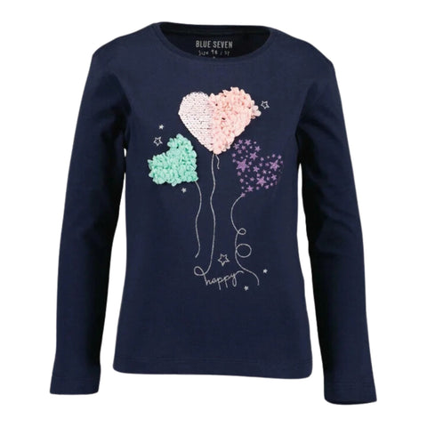 Blusa Blue Seven azul de manga larga con diseño de corazones multicolor para niña. - Kinder Guatemala - 