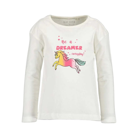 Blusa Blue Seven blanca manga larga con diseño de unicornio para niña. - Kinder Guatemala - 