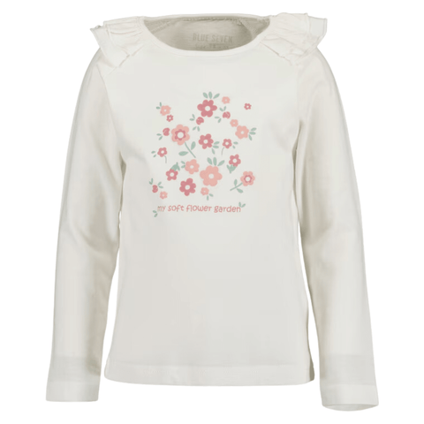 Blusa Blue Seven blanco manga larga con vuelitos en los hombros y estampado floreado para niña. - Kinder Guatemala - 