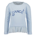 Blusa Blue Seven celeste manga larga con vuelitos en el ruedo y diseño metalizado Dance para niña. - Kinder Guatemala - 