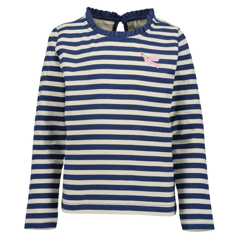 Blusa Blue Seven rayada manga larga con vuelitos en cuello y diseño al frente para niña. - Kinder Guatemala - 
